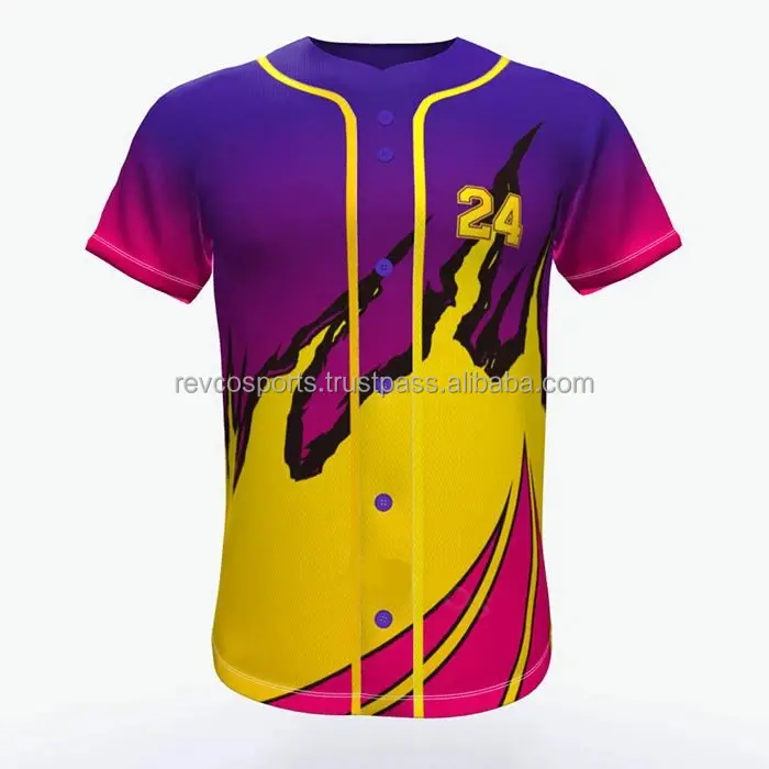 Venta al por mayor EE. UU. clubes equipo deportes béisbol Jersey personalizado sublimación impresa púrpura y amarillo softbol Jersey