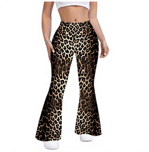 Women s High Waist Leopard Print Flare <b>Pants</b> Loose Fit Full Length Knitted Casual <b>Summer</b> <b>Pants</b> Elastic Waist Non Denim - Product Image 1