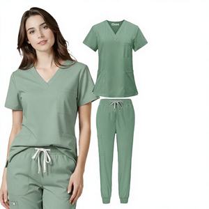 Women Green V-Neck Scrub Set Cotton Polyester Canvas Woven Hospital Uniforms Pants Pockets Needle Detection GLOWING NEON - Product Image 1