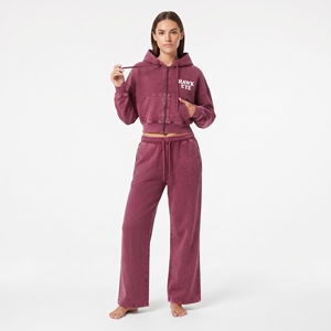 Conjunto de Sudadera con Capucha y Bolsillo Canguro de Hombro Caído con Cremallera Completa y Top Corto con Lavado Ácido para Mujer, y Pantalones Jogger de Pierna Ancha, Diseño de Logotipo Personalizado, Venta al por Mayor - Product Image 3