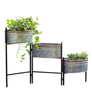 Modern Geometric Metal Planter Stand Set of 2 Decorative Galvanized Iron Flower <b>Pots</b> for Indoor Outdoor Home Office Living Room - Product Image 6