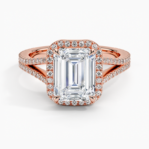 Anillo de Compromiso Fortuna Halo con Moissanita Corte Esmeralda y Engaste de Puntas Chapado en Oro de 14K para Boda y Aniversario - Product Image 3