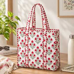 Floral Print Canvas <b>Tote</b> <b>Bag</b> Single Handle Zipper Closure Bohemian Style Shopping <b>Bag</b> All Seasons Red <b>White</b> Pattern 16*18 Cotton - Product Image 1