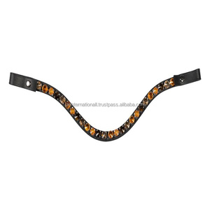 Productos de equitación: Banda para la frente de caballo de cuero negro curvado con cristales redondos brillantes y cadena de diamantes. - Product Image 2