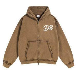 Sweat à capuche marron vintage délavé à l'acide, entièrement zippé, en molleton de coton épais, imprimé personnalisé, coupe oversize, style streetwear - Product Image 1