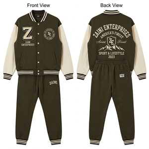 Women Varsity Tracksuit 340 GSM Cotton Polyester Fleece Olive White Contrast Panel Chenille <b>Embroidery</b> Screen Print Custom Logo - Product Image 1