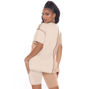 Latest Design Fashion OEM Summer <b>T</b> Shirt Short Sets Casual Solid Color Women Two Piece Tracksuit Lace Button Vintage 100 percent - Product Image 4