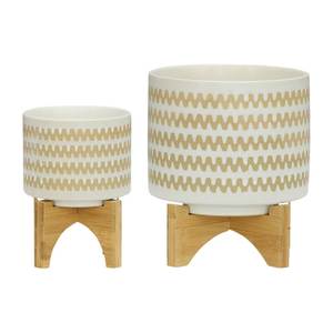 Modern Metal Flower <b>Pot</b> With Circular Pattern And Wooden Stand For Indoor Use - Product Image 3