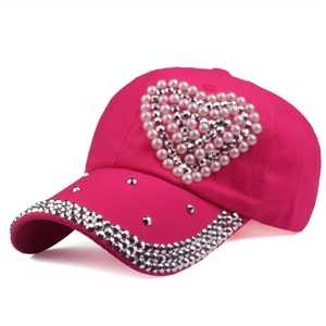 Heart Pattern <b>Baseball</b> <b>Cap</b> with Pearl and Rhinestone Embroidery for Women Fashion Casual Spring Summer Wear - Product Image 3