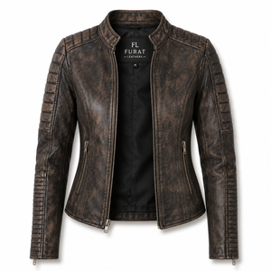 Furat Leathers Quilted Distressed Brown Sheep Leather Eco-Friendly Winter Women's <b>Biker</b> <b>Jacket</b> Stand Collar Detachable Collar - Product Image 1