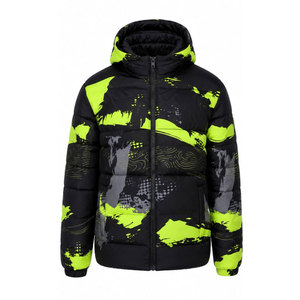 Veste matelassée à capuche pour homme, noire, vert néon imprimé, coupe-vent, hiver, sportive, épaisse, rembourrage en polyester, fermeture éclair - Product Image 2