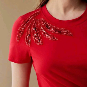 Camiseta Casual de Algodón para Mujer, Cuello Redondo, Bordada con Cuentas, Nueva Moda Primavera Verano 2026, Alta Calidad B~C - Product Image 1