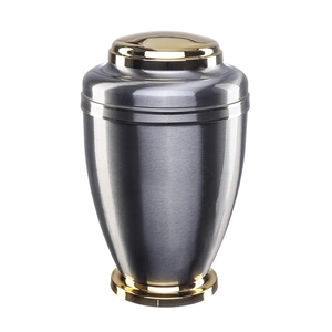 Memorial Funeral Urn for Adult Human Ashes in Brushed <b>Silver</b> Metal with Shiny Gold Brass <b>Top</b> Lid - Product Image 1