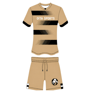 Ensemble short et maillot de rugby beige et noir à manches courtes, col rond, rayé, uniforme d'équipe personnalisé, respirant, pour l'entraînement et la performance athlétique - Product Image 1