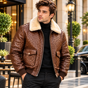 Veste en cuir texturé haut de gamme pour homme avec détails cloutés, col en peau de mouton crème, poches à rabat, ourlet côtelé et style hiver - Product Image 5