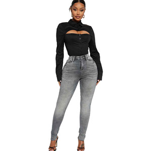 Plus Size Women's High Waist Dark Wash Skinny <b>Jeans</b> Full Length Solid Color <b>Button</b> <b>Fly</b> Casual Style Spandex Cotton Blend - Product Image 2
