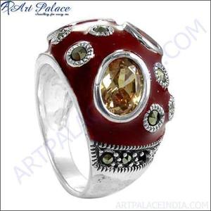 Bague Cocktail Vintage Art Palace en Argent 925 Plaqué, Émail Rouge, Pierre Ovale Citrine, Sertissage Clos en Marcassite, Bijou Unisexe - Product Image 3