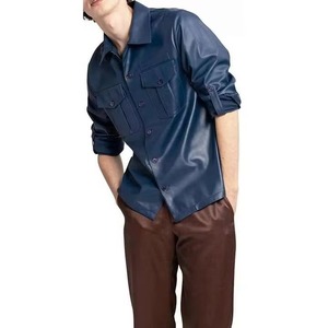 <b>Men's</b> <b>Navy</b> <b>Blue</b> Satin Casual <b>Shirt</b> Three Quarter Sleeve Turn-down Collar Solid Color Workwear Style Autumn Wear - Product Image 1