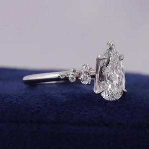 Solid White Gold Pear Cut Diamond <b>Ring</b> Prong Setting Simple Round Side Stone <b>Plain</b> Band Elegant Solitaire Bridal Engagement - Product Image 3