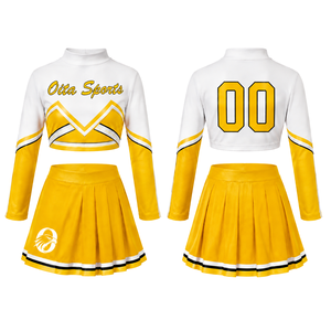 Bright Yellow <b>White</b> Sublimated Cheer <b>Long</b> Sleeve Uniform Set Pleated <b>Skirt</b> Team Sportswear Athletic Training Practice Custom - Product Image 1