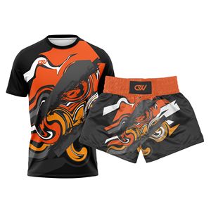 Vêtements de combat MMA sur mesure en gros, t-shirt de compression à manches courtes sublimé personnalisé à col rond pour le kickboxing avec short de Muay Thai - Product Image 1
