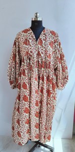 Ethnic <b>Brown</b> Floral Hand Print Cotton Midi Dress With <b>Tie</b> Neck Short Puff Sleeve Loose Fit Casual Dress For Women - Product Image 6