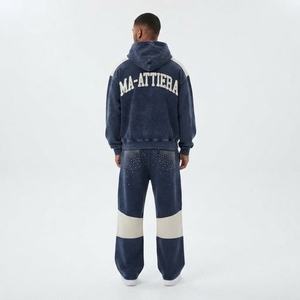Conjunto de chándal de dos piezas para hombre: sudadera con capucha vintage con cremallera y pantalones de chándal de pierna ancha, venta al por mayor personalizada - Product Image 2