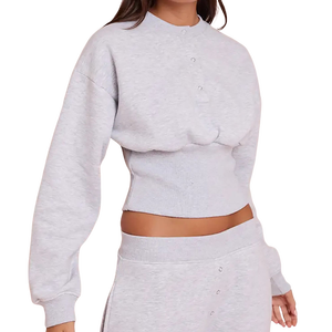 Wholesale Solid Color Women's 2 Piece <b>Set</b> Gray <b>Knitted</b> Crop Top With Buttons Loose Sweatpants Casual All Seasons Full Sleeve <b>Set</b> - Product Image 3