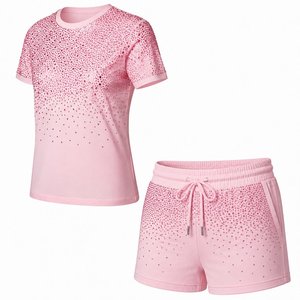 T-shirt tricoté rose à strass pour femme, col rond, manches courtes, style doux, coupe classique, pour le quotidien printemps-été - Product Image 1