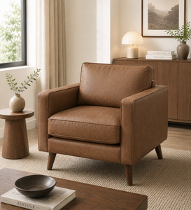 Mid Century Cognac Leather Armchair Modern Living Room Lounge Chair Comfortable Single <b>Sofa</b> Chair for Home Hotel Lobby - Product Image 1
