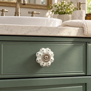 SHUBHAM Luxury Ivory White Ceramic Flower Cabinet <b>Knob</b> with Silver Metal Center & Decorative <b>Crystal</b> Dots for <b>Drawer</b> - Product Image 4