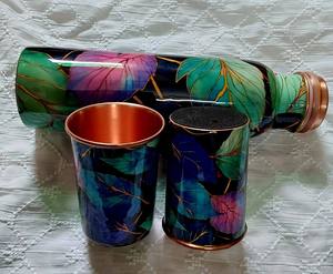 Leaf Printed Copper Water <b>Bottle</b> with Glass Designer Ayurvedic Drinking <b>Bottle</b> Reusable Copper <b>Flask</b> Set - Product Image 4