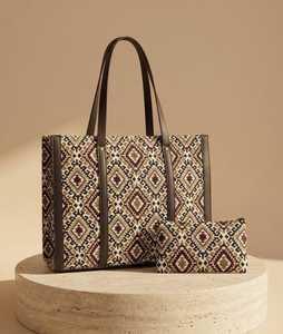Bohemian Jacquard Vintage Casual <b>Tote</b> Sling <b>Bag</b> Set Thread Candy Pattern <b>Zip</b> Closure Dual Strap Lightweight Anti-Theft Large - Product Image 4