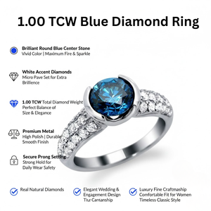 Anillo de Diamante Solitario Azul Redondo Real de 1.00 TCW con Piedras Blancas en Relieve |   Joyería Fina Elegante para Bodas y Compromisos para Mujer - Product Image 6