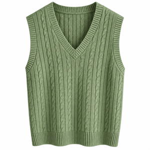 Pull sans manches en maille torsadée pour femme, col rond, couleur unie, décontracté, pour l'automne, 100 % acrylique, longueur standard, anti-boulochage - Product Image 1