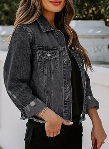 Chaqueta de Mezclilla Negra, Color Sólido, Cuello Camisero, Estilo Casual, Cierre de Botones, Corte Regular, Dobladillo Deshilachado, para Otoño - Product Image 3