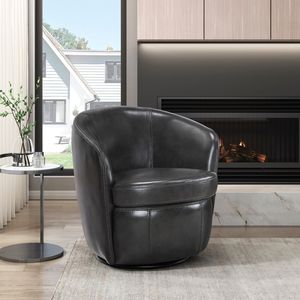 Fauteuil pivotant de luxe 1 pièce avec dossier en forme de baril, en bois massif et revêtement en cuir pleine fleur gris, pour salon - Product Image 1
