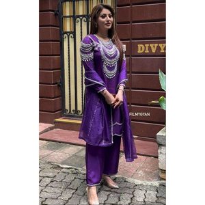 กางเกงด้ายไหมเทียมพร้อมหมุดย้ำมอติสำหรับใส่ทำงานพร้อม gharara สีม่วง dupatta - Product Image 1