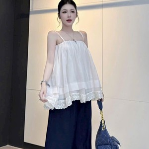 เสื้อชีฟองสายเดี่ยวสีขาวแต่งขอบลูกไม้และกางเกงขากว้างสีกรมท่าชุดลำลองสำหรับผู้หญิงฤดูร้อนทรงหลวม - Product Image 4