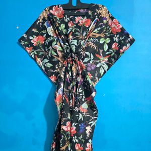 Kaftan indien en coton noir pour femme, imprimé oiseaux et fleurs, longue robe de plage, vêtement de nuit, kimono, robe à col en V avec ceinture, lavable, été - Product Image 1