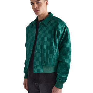 Chaqueta Bomber a Cuadros Verde para Hombre, Casual, con Cuello Camisero, Cierre de Botón, Prenda Exterior de Poliéster para Otoño - Product Image 1