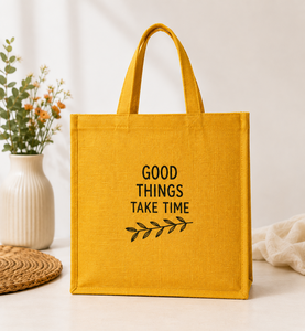 Yellow Canvas Shopping <b>Bag</b> With "Good Things Take Time" Print <b>Medium</b> Size Hand Carry Tote For Daily Use - Product Image 1