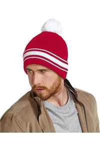 Men's <b>Navy</b> Blue Striped Beanie <b>Hat</b> with White Pom Pom Casual Winter Cap 100% Acrylic Knitted for Adults 56-58CM - Product Image 5