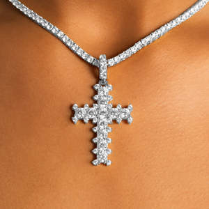 Luxury Silver Cross Pendant Necklace | <b>Iced</b> <b>Out</b> Christian Cross Charm with Tennis <b>Chain</b> | Stainless Steel - Product Image 1