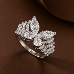 Luxury Pear Shape Diamond Butterfly Ring White Gold Finish with Side <b>Stones</b> Delicate Elegant Design Fine Jewelry Statement Ring - Product Image 2