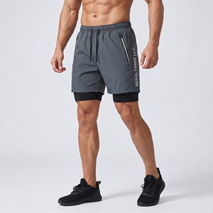 Custom Logo Print Double <b>Layer</b> Shorts Men Gym Eco-Friendly Drawstring Short Sports Compression 2 In 1 Short Pant Zipper Pockets - Product Image 5