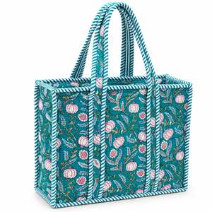 Sac fourre-tout en toile à motifs floraux bleu avec fermeture éclair, grande capacité, style classique, pour toutes les saisons - Product Image 1