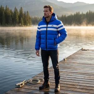 Veste matelassée à capuche bleue et blanche pour homme, manteau d'hiver chaud, veste d'extérieur, vente en gros ONE APEX Apparel - Product Image 6