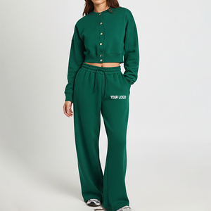 Conjunto Deportivo Informal Cómodo de Alta Calidad, 100% Algodón Felpa, Sudadera con Cierre de Botones y Pantalones Deportivos para Mujer - Product Image 1