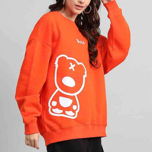 Sweat-shirt surdimensionné à col rond pour femme, imprimé ours de dessin animé orange, épaules tombantes, manches longues, en coton tricoté, haut décontracté d'automne - Product Image 3